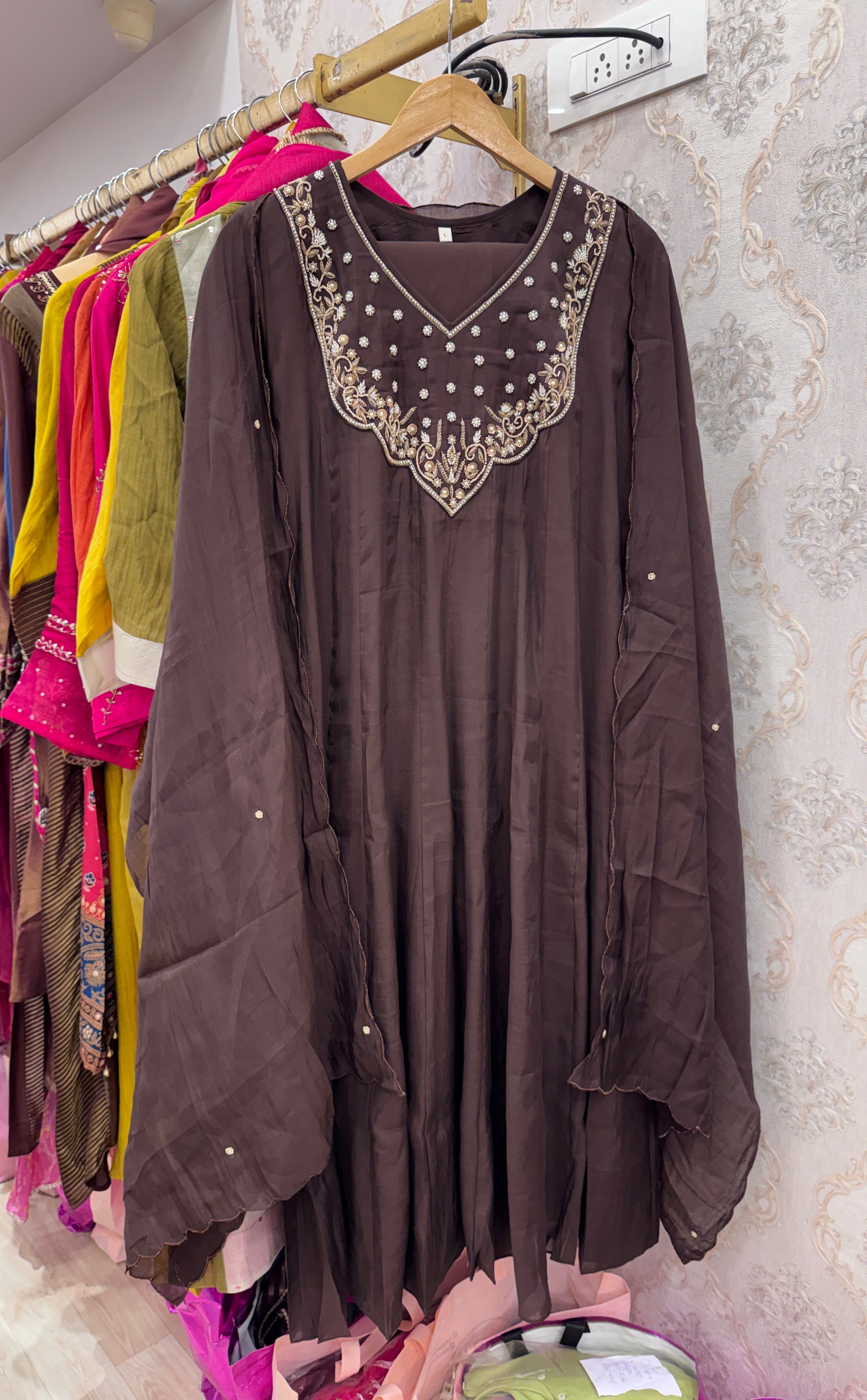 Sumaya Handwork Mul Chanderi Dress- Brown