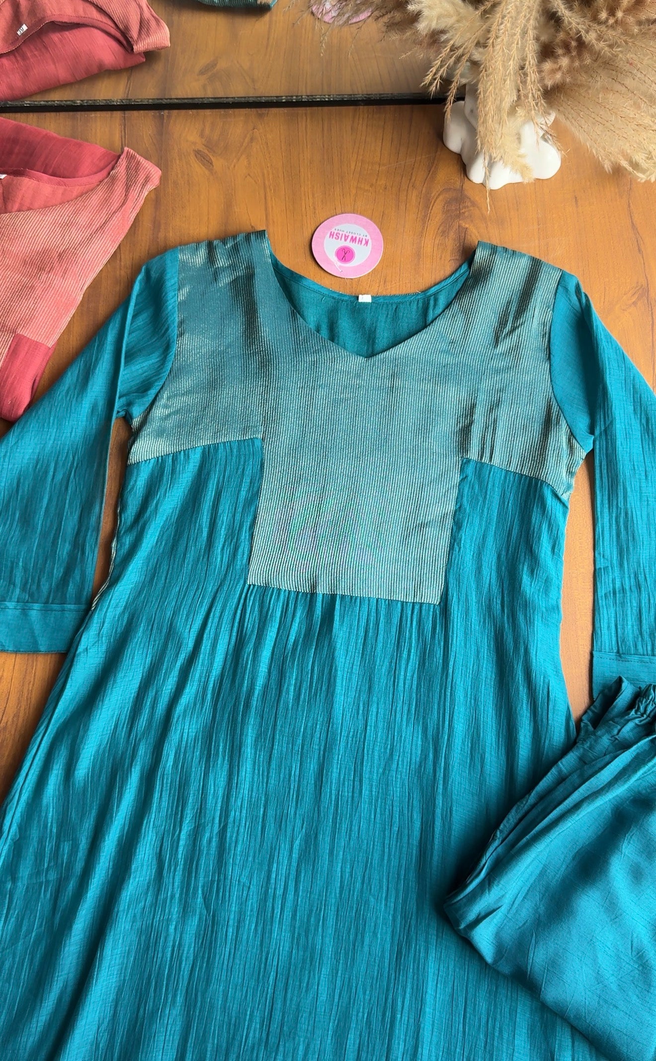 Aarti tissue and mul Chanderi Aline dress- aqua blue
