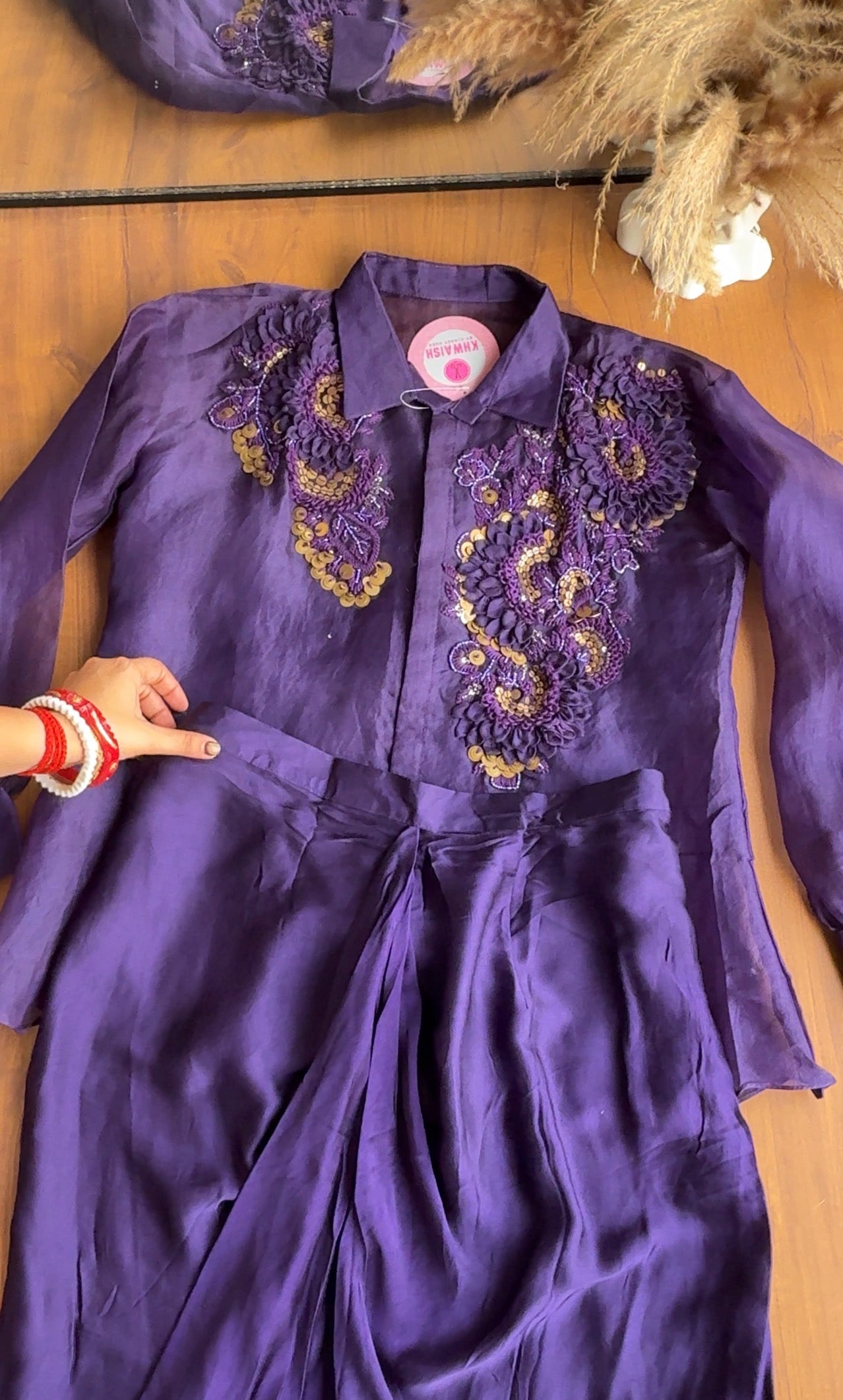 Avantika 3d Applique Work Shirt With Inner And Cowl skirt- Purple