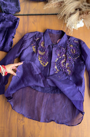 Avantika 3d Applique Work Shirt With Inner And Cowl skirt- Purple