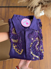 Avantika 3d Applique Work Shirt With Inner And Cowl skirt- Purple