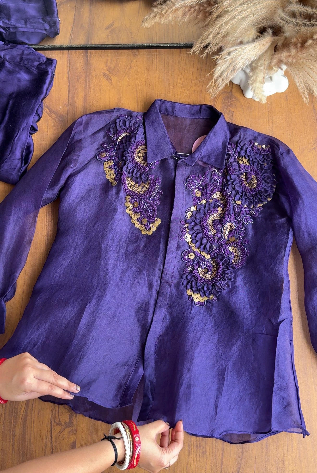Avantika 3d Applique Work Shirt With Inner And Cowl skirt- Purple