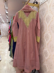 Aisha Colour Block Full Sleeves Anarkali Dress-Pink With Yellow