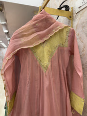 Aisha Colour Block Full Sleeves Anarkali Dress-Pink With Yellow