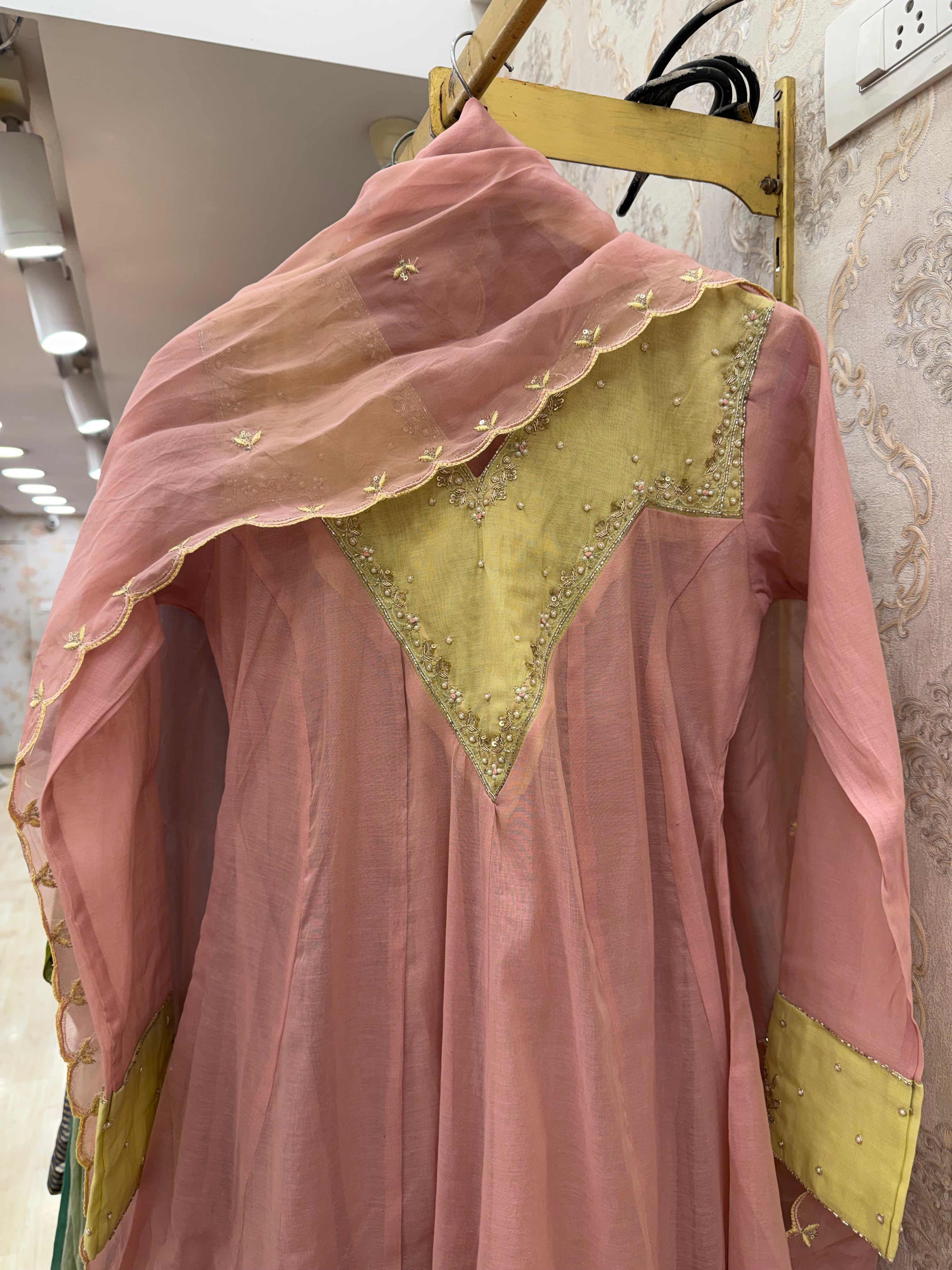 Aisha Colour Block Full Sleeves Anarkali Dress-Pink With Yellow