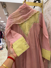 Aisha Colour Block Full Sleeves Anarkali Dress-Pink With Yellow