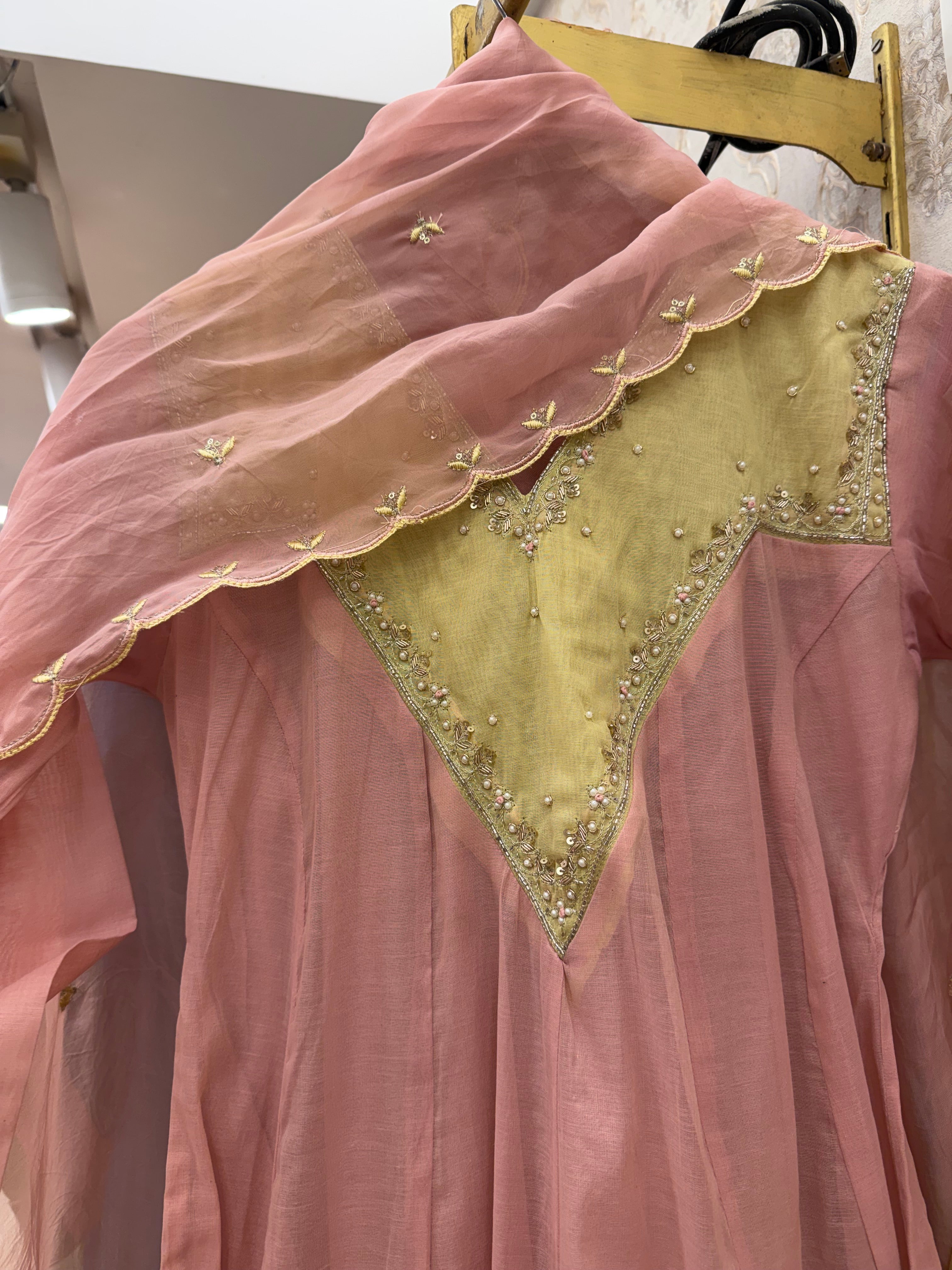 Aisha Colour Block Full Sleeves Anarkali Dress-Pink With Yellow