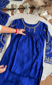 Tulsi Heavy Hand Work Straight cut Dress- With Plazzo And Dupatta-Royal blue