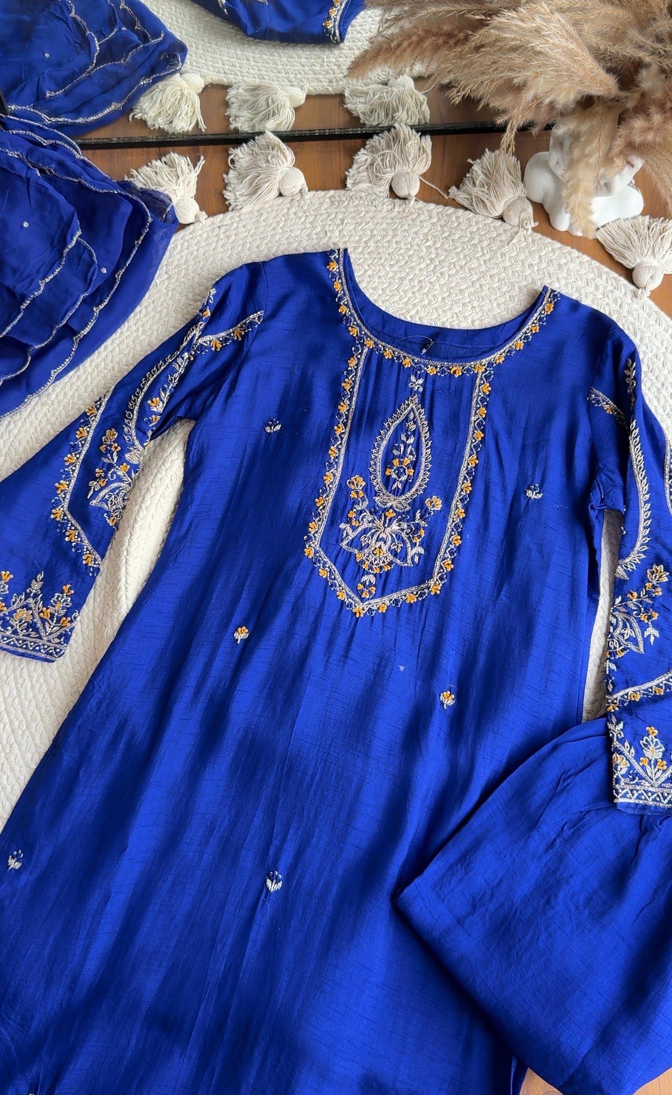 Tulsi Heavy Hand Work Straight cut Dress- With Plazzo And Dupatta-Royal blue