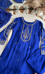 Tulsi Heavy Hand Work Straight cut Dress- With Plazzo And Dupatta-Royal blue