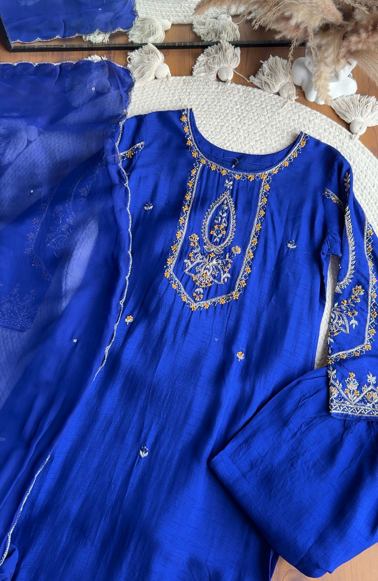 Tulsi Heavy Hand Work Straight cut Dress- With Plazzo And Dupatta-Royal blue