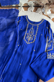 Tulsi Heavy Hand Work Straight cut Dress- With Plazzo And Dupatta-Royal blue