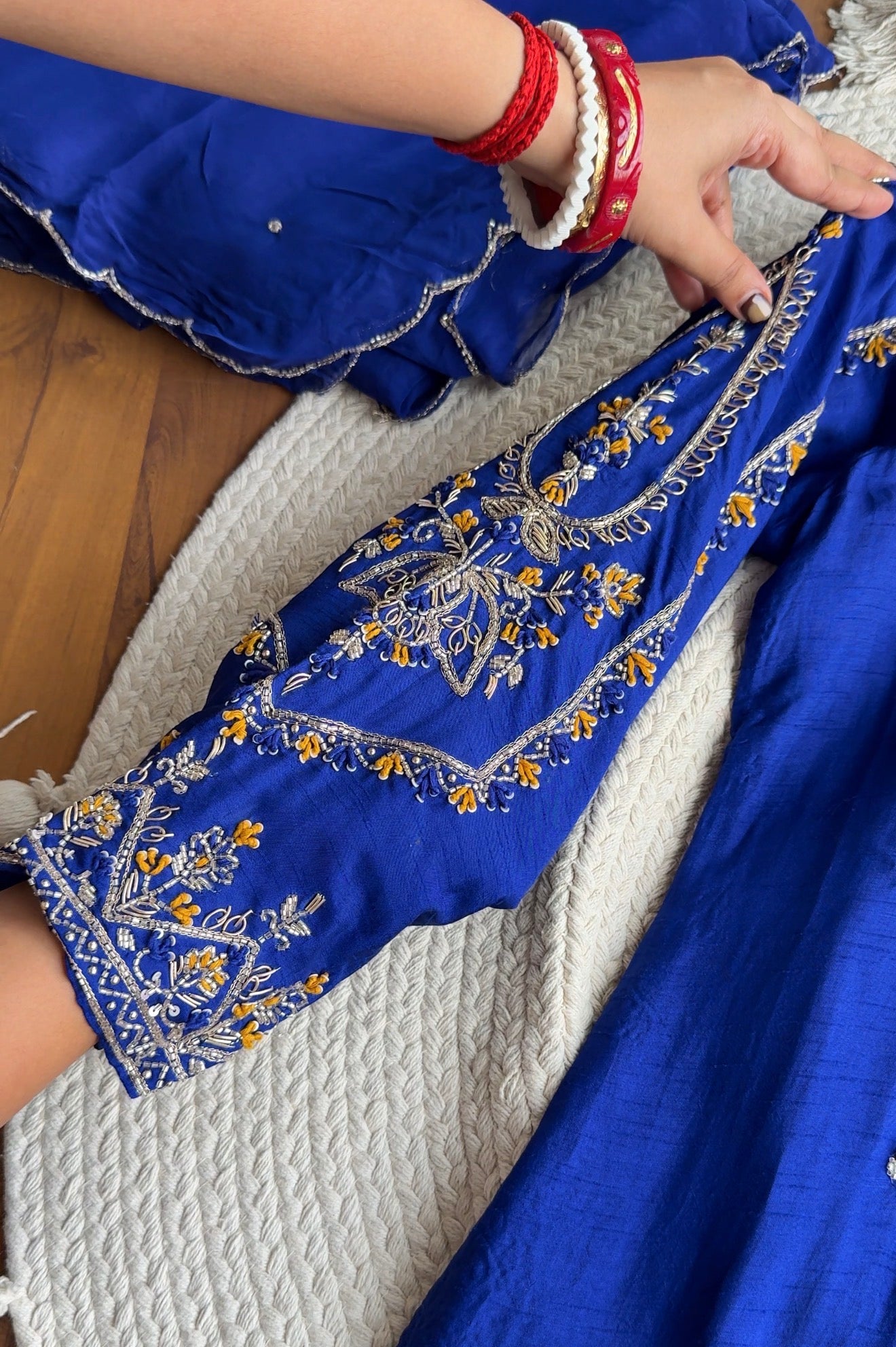 Tulsi Heavy Hand Work Straight cut Dress- With Plazzo And Dupatta-Royal blue