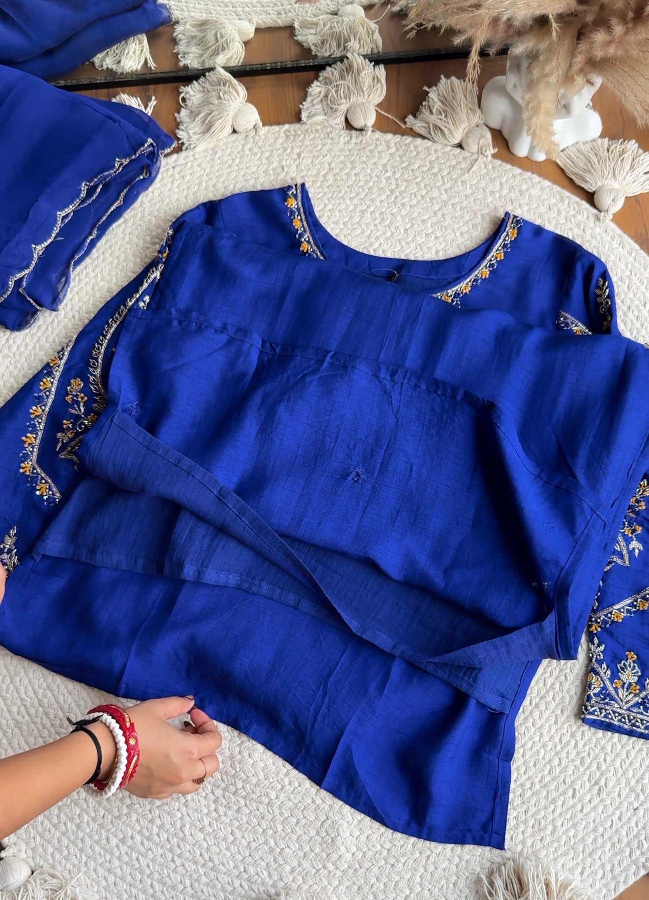 Tulsi Heavy Hand Work Straight cut Dress- With Plazzo And Dupatta-Royal blue