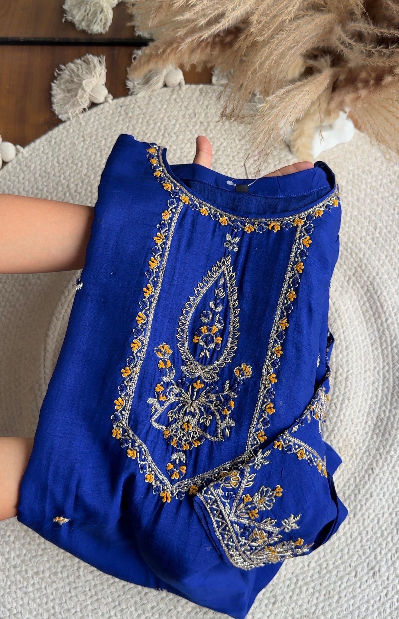 Tulsi Heavy Hand Work Straight cut Dress- With Plazzo And Dupatta-Royal blue
