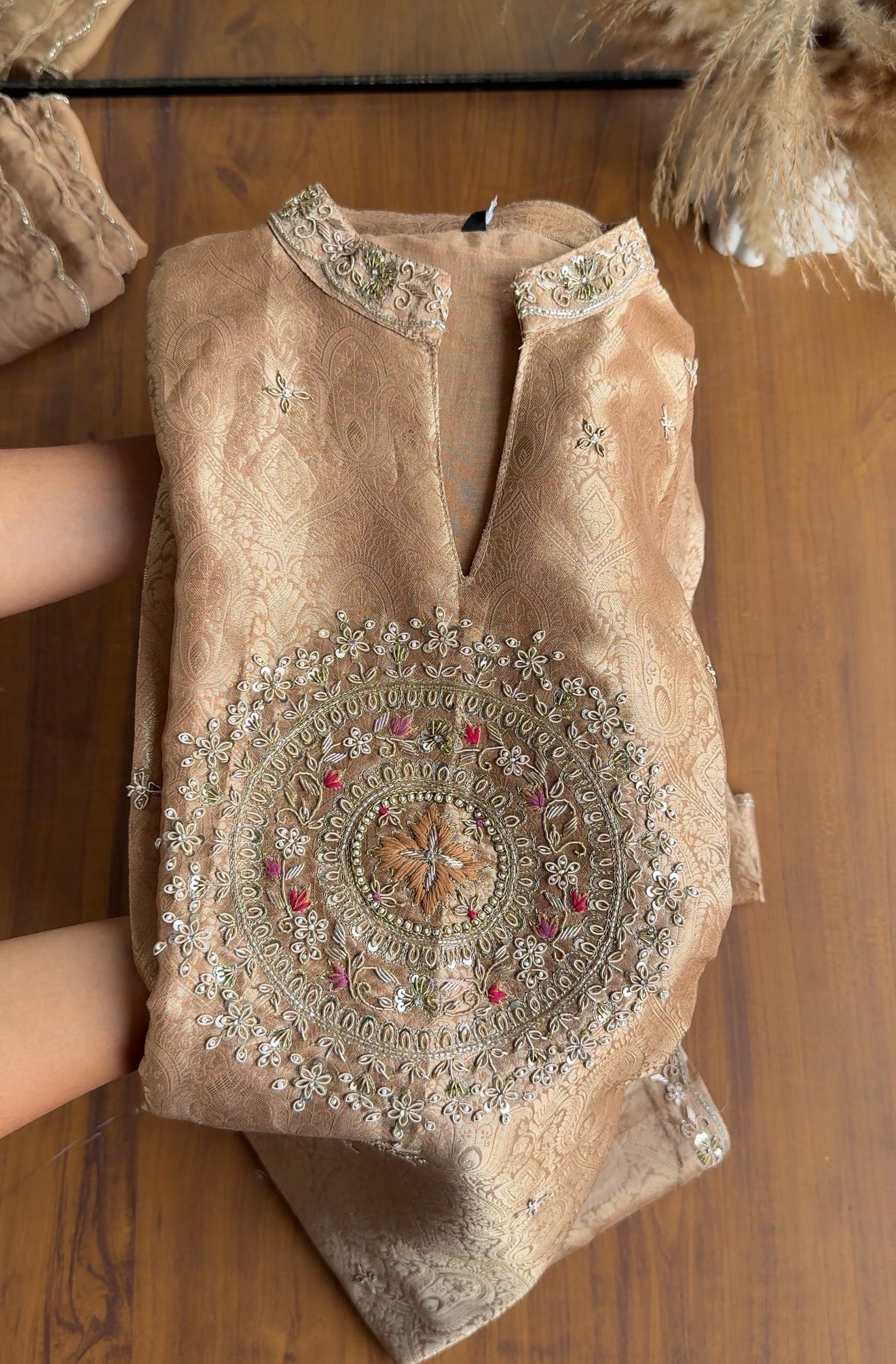 Roshini Brocade Short Kurta  Plazzo Dress-Golden