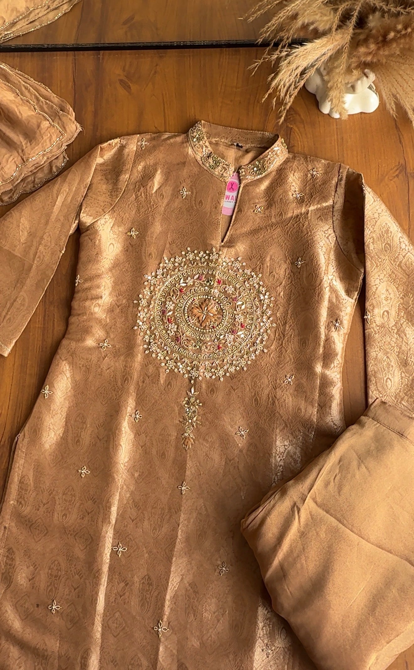 Roshini Brocade Short Kurta  Plazzo Dress-Golden