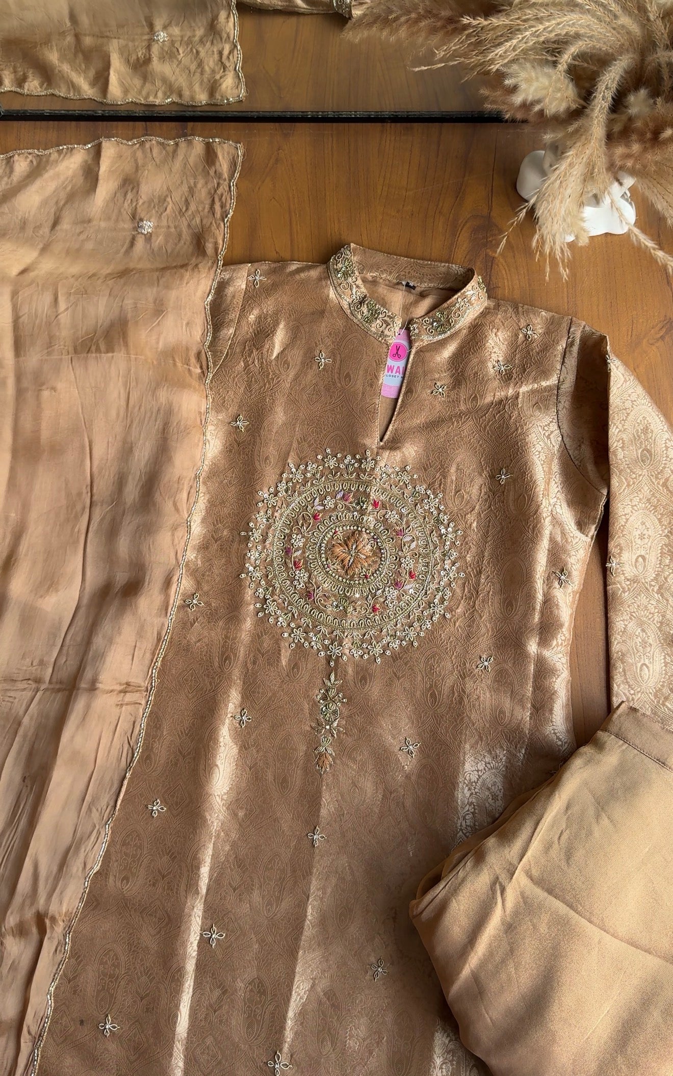 Roshini Brocade Short Kurta  Plazzo Dress-Golden