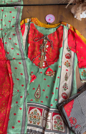 Kahani Digital Print Short Kurta Farshi Pants Dress-Red (Preorder 15 Days)