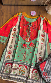 Kahani Digital Print Short Kurta Farshi Pants Dress-Red (Preorder 15 Days)