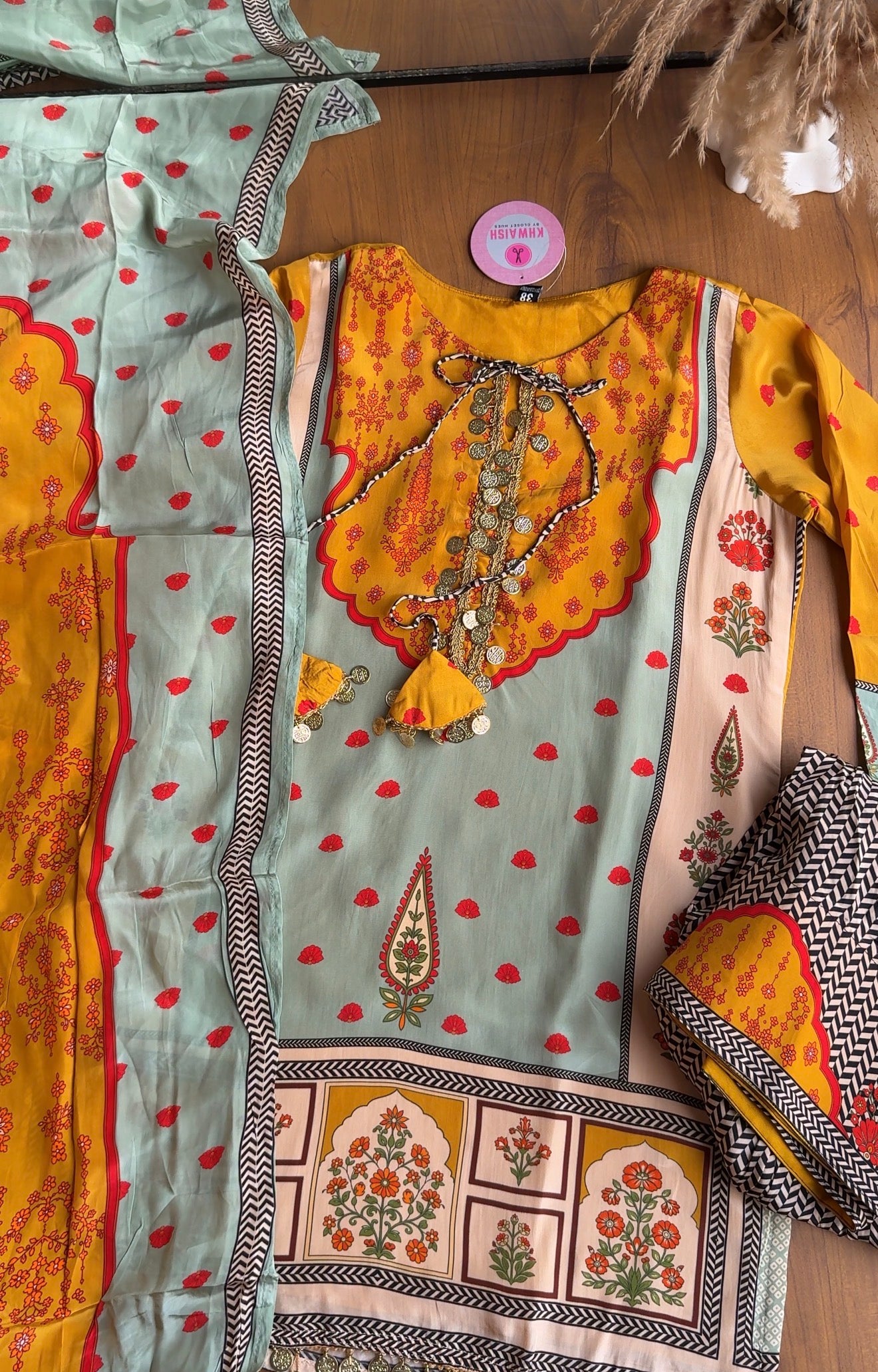 Kahani Digital Print Short Kurta Farshi Pants Dress-Yellow