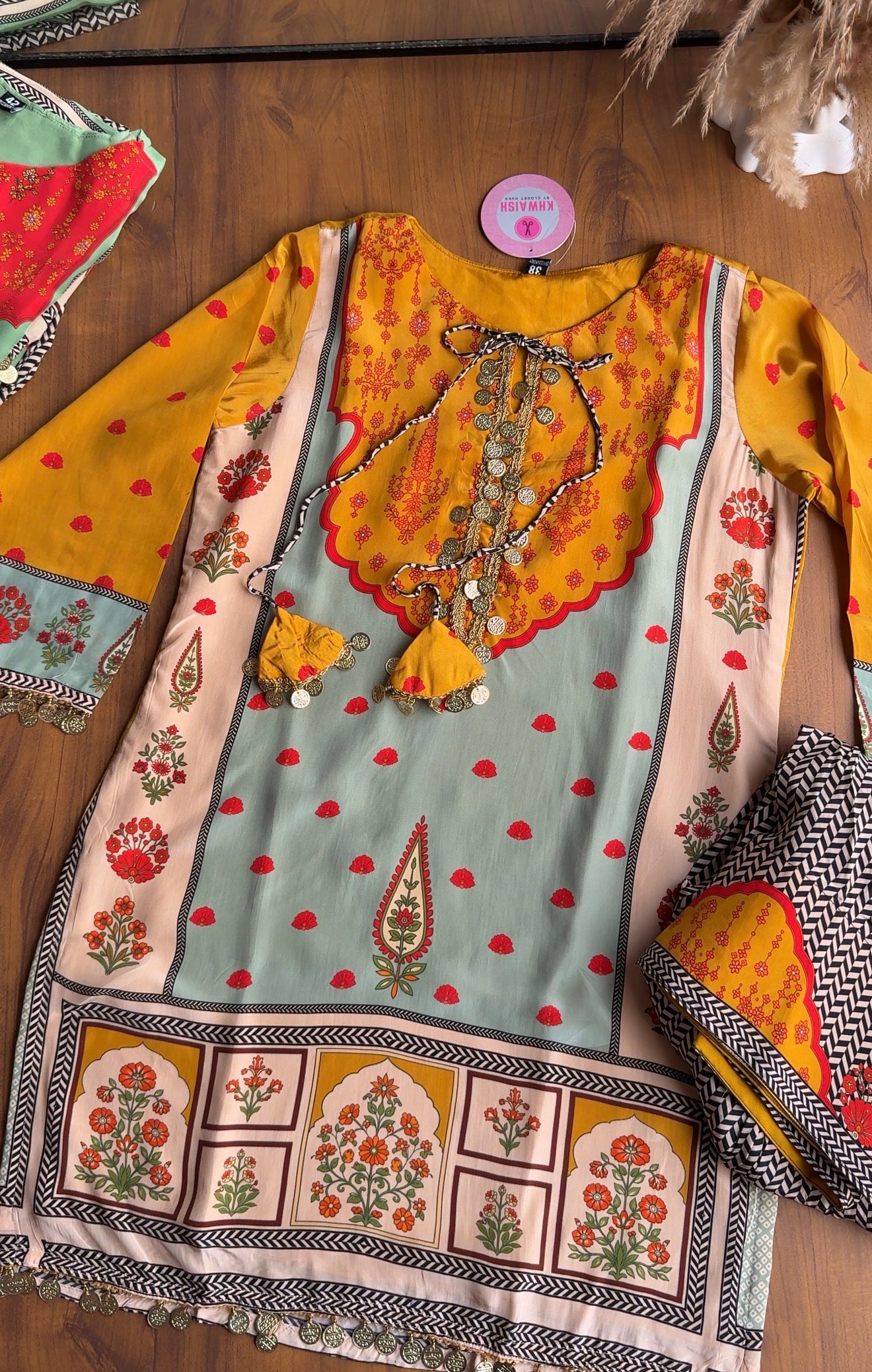 Kahani Digital Print Short Kurta Farshi Pants Dress-Yellow