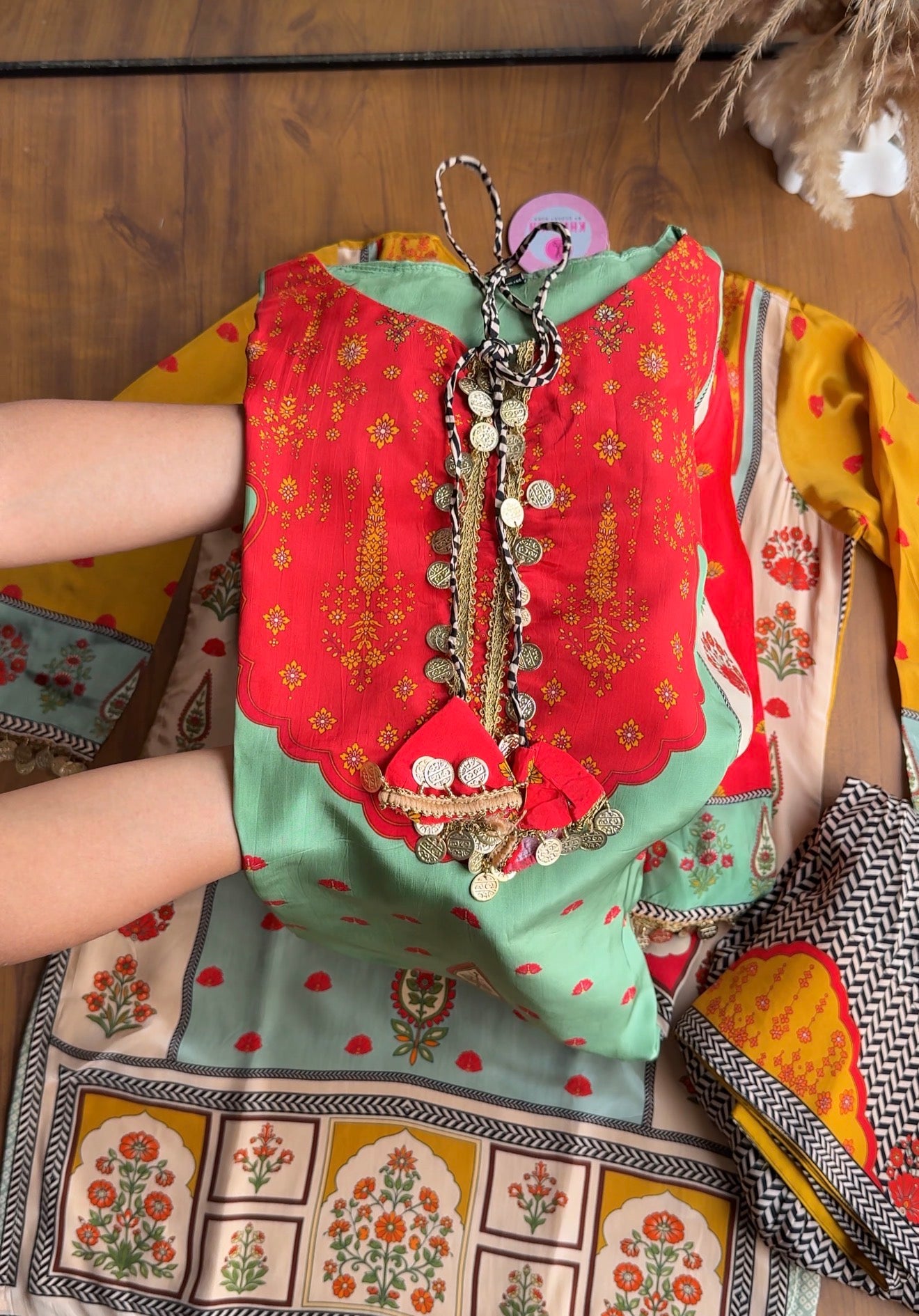 Kahani Digital Print Short Kurta Farshi Pants Dress-Red (Preorder 15 Days)