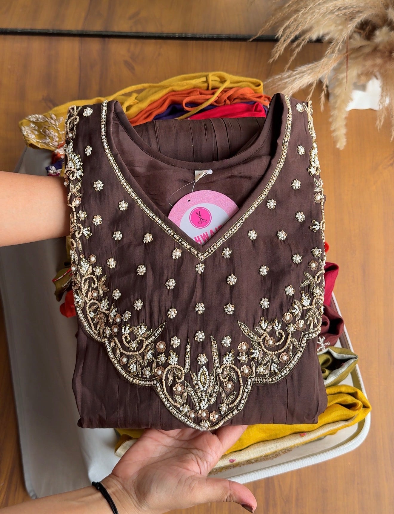 Sumaya Handwork Mul Chanderi Dress- Brown