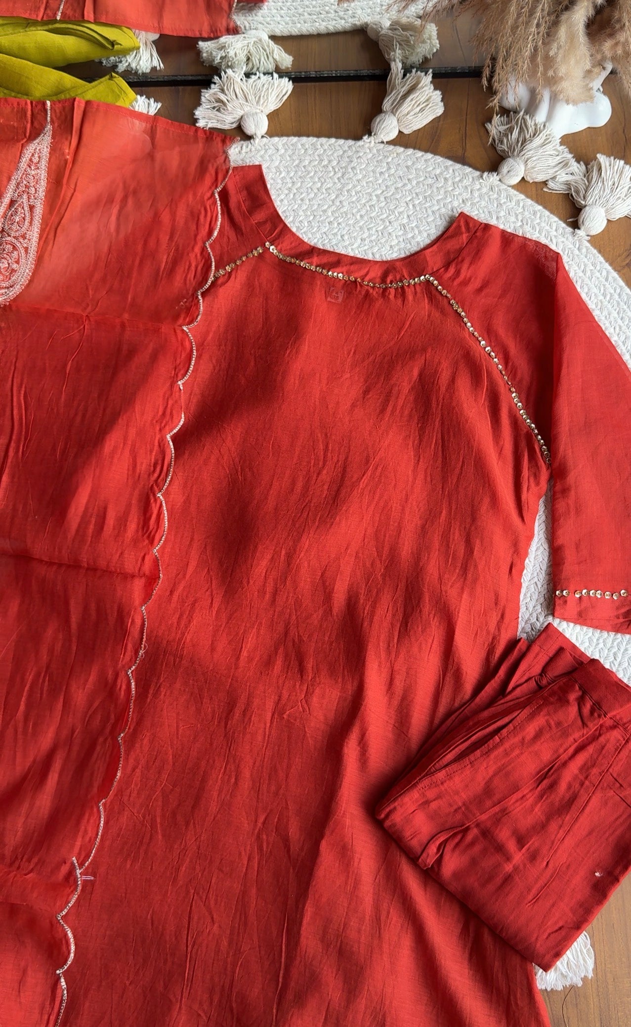 Manali Sequins Mul Chanderi Aline Dress-Rust
