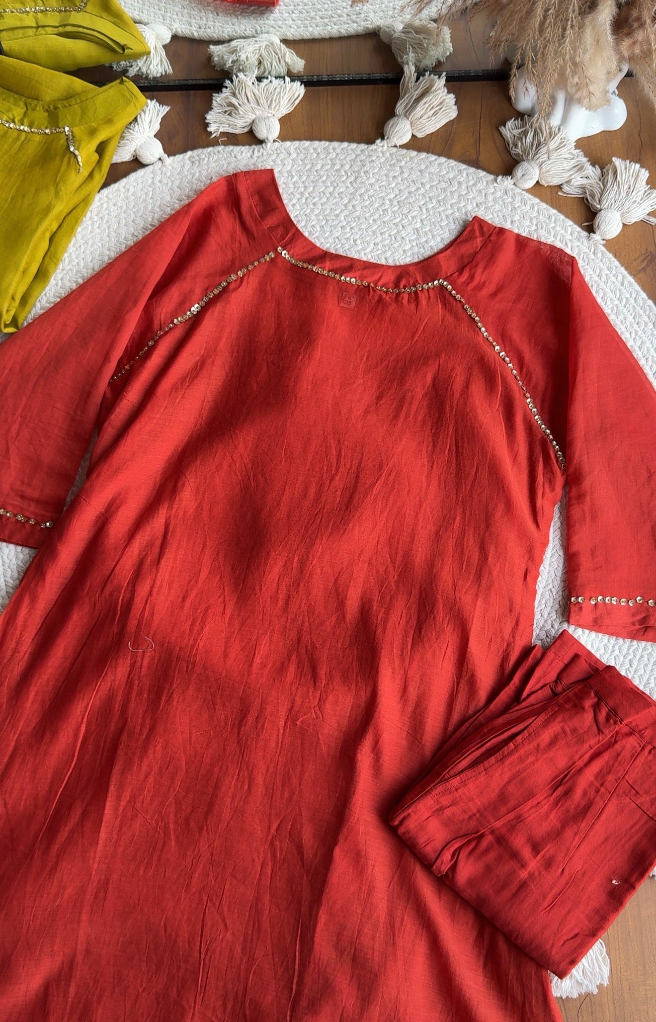 Manali Sequins Mul Chanderi Aline Dress-Rust
