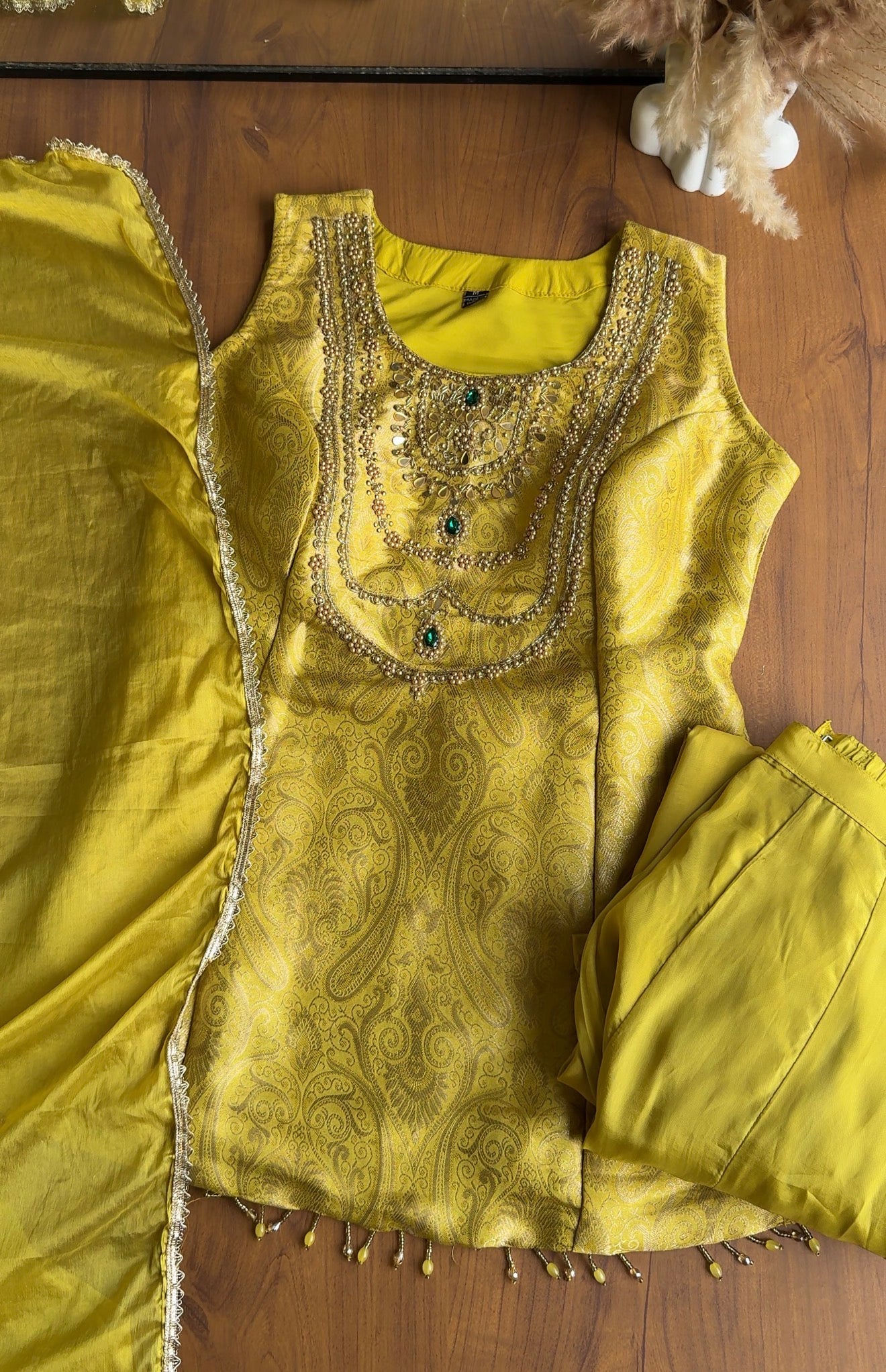 Nysa brocade paded short kurta with brocade gharara dress Yellow