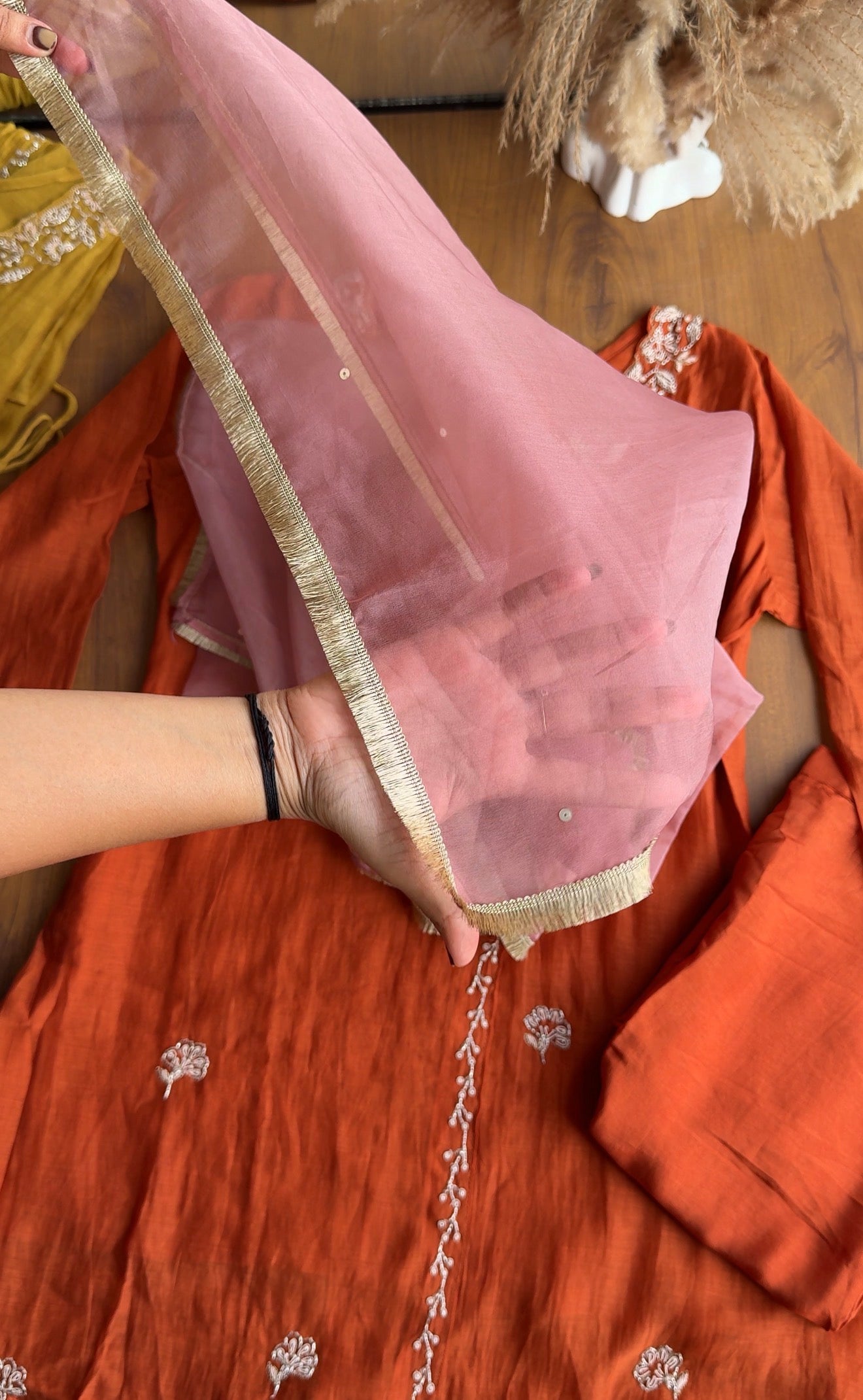 Nidhi short kurta angrakha plazzo with contrast dupatta dress Rust