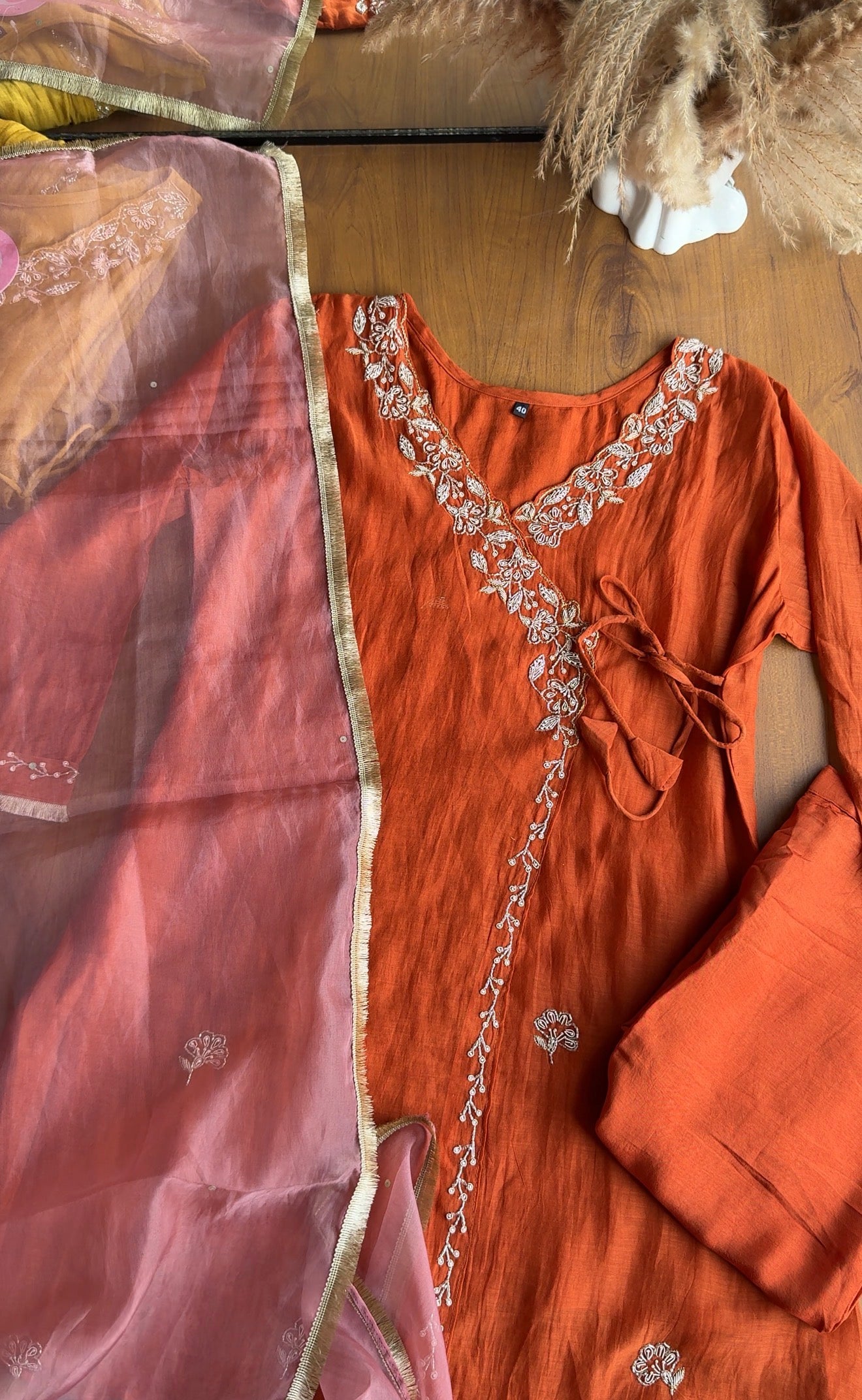 Nidhi short kurta angrakha plazzo with contrast dupatta dress Rust