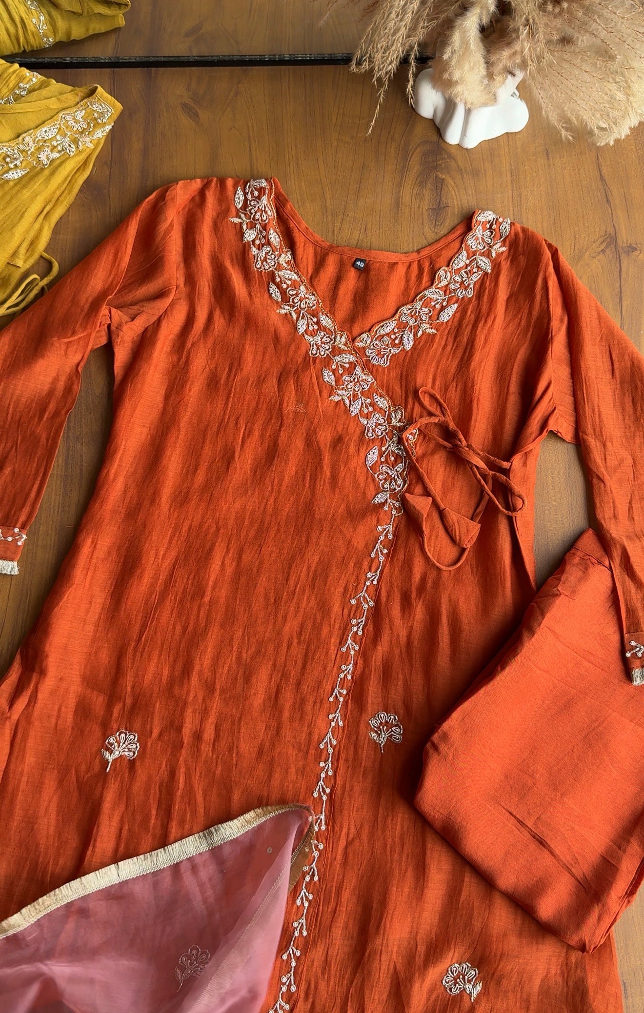 Nidhi short kurta angrakha plazzo with contrast dupatta dress Rust