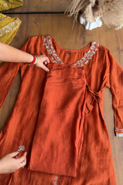 Nidhi short kurta angrakha plazzo with contrast dupatta dress Rust