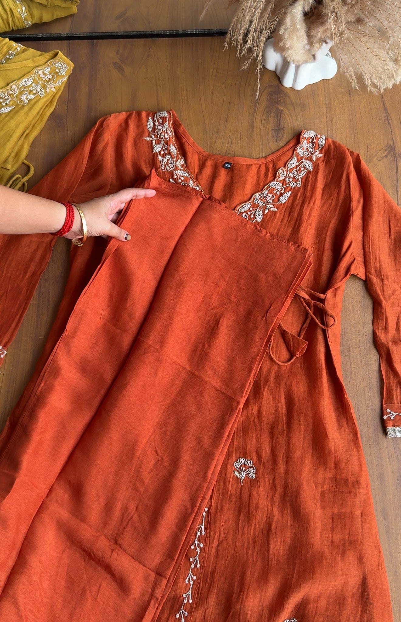 Nidhi short kurta angrakha plazzo with contrast dupatta dress Rust