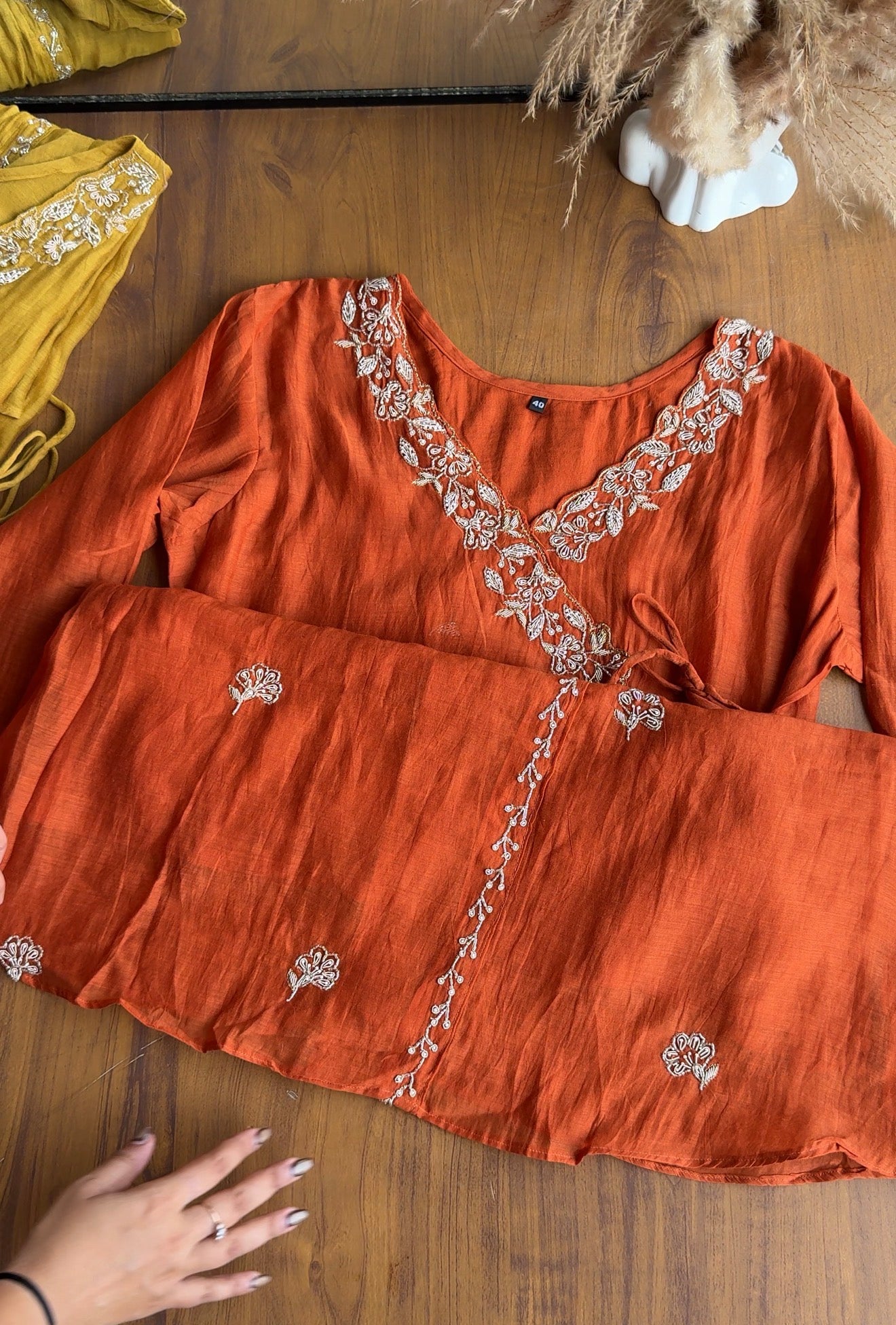 Nidhi short kurta angrakha plazzo with contrast dupatta dress Rust