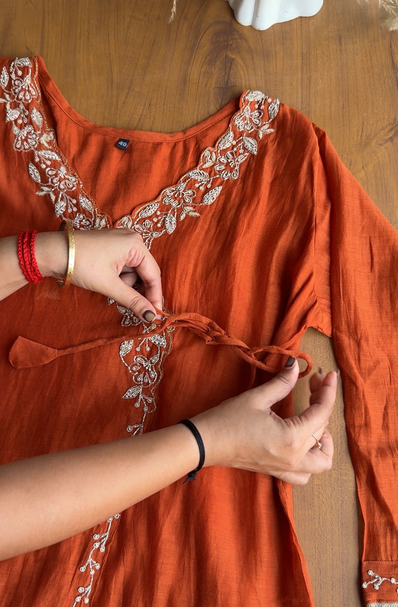 Nidhi short kurta angrakha plazzo with contrast dupatta dress Rust