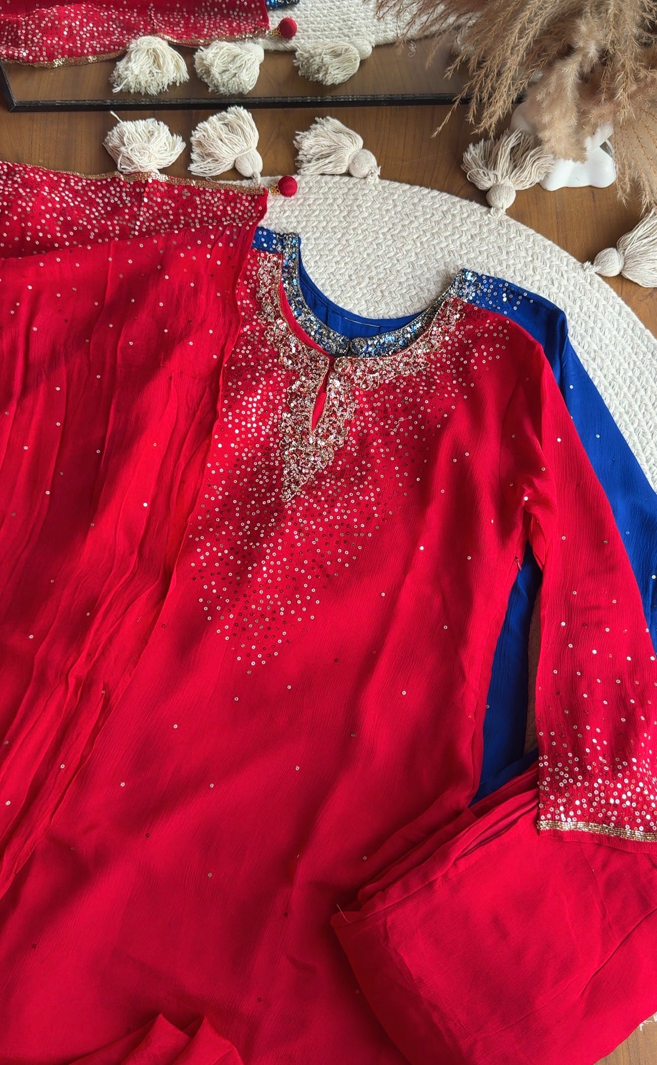 Ragini sequin Chinon Plazzo Dress- Red
