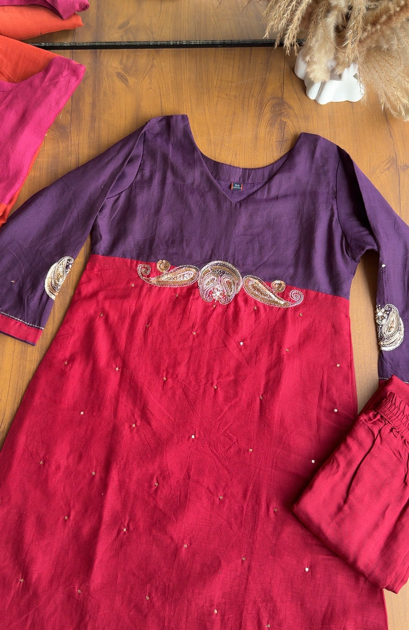 Nishi Colour Block Side Cut Dress-Purple With Red