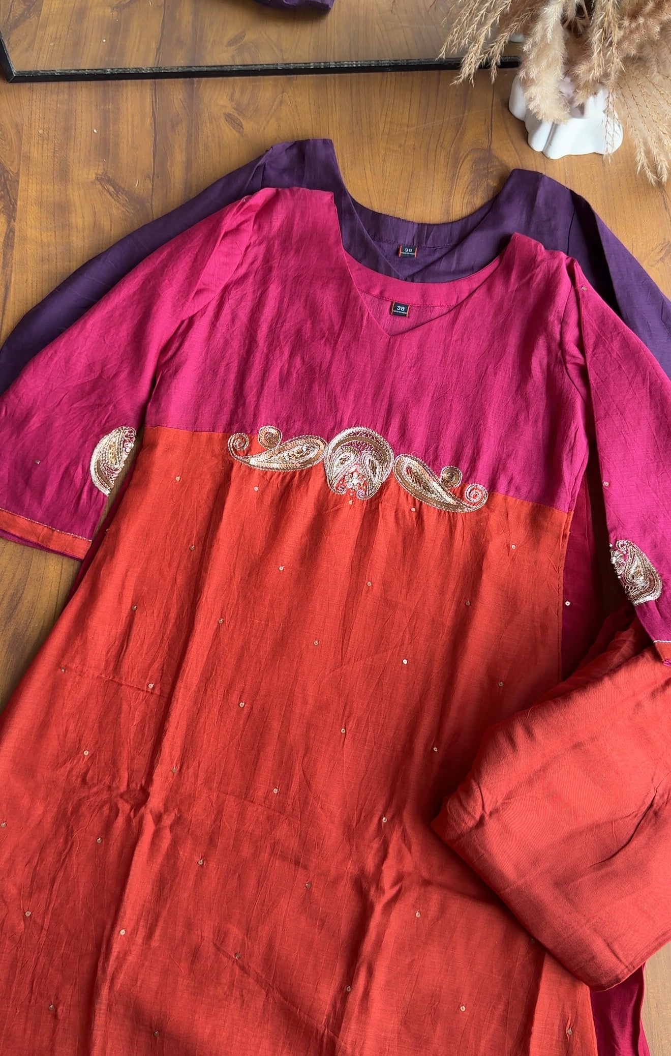 Nishi Colour Block Side Cut Dress-Pink With Rust