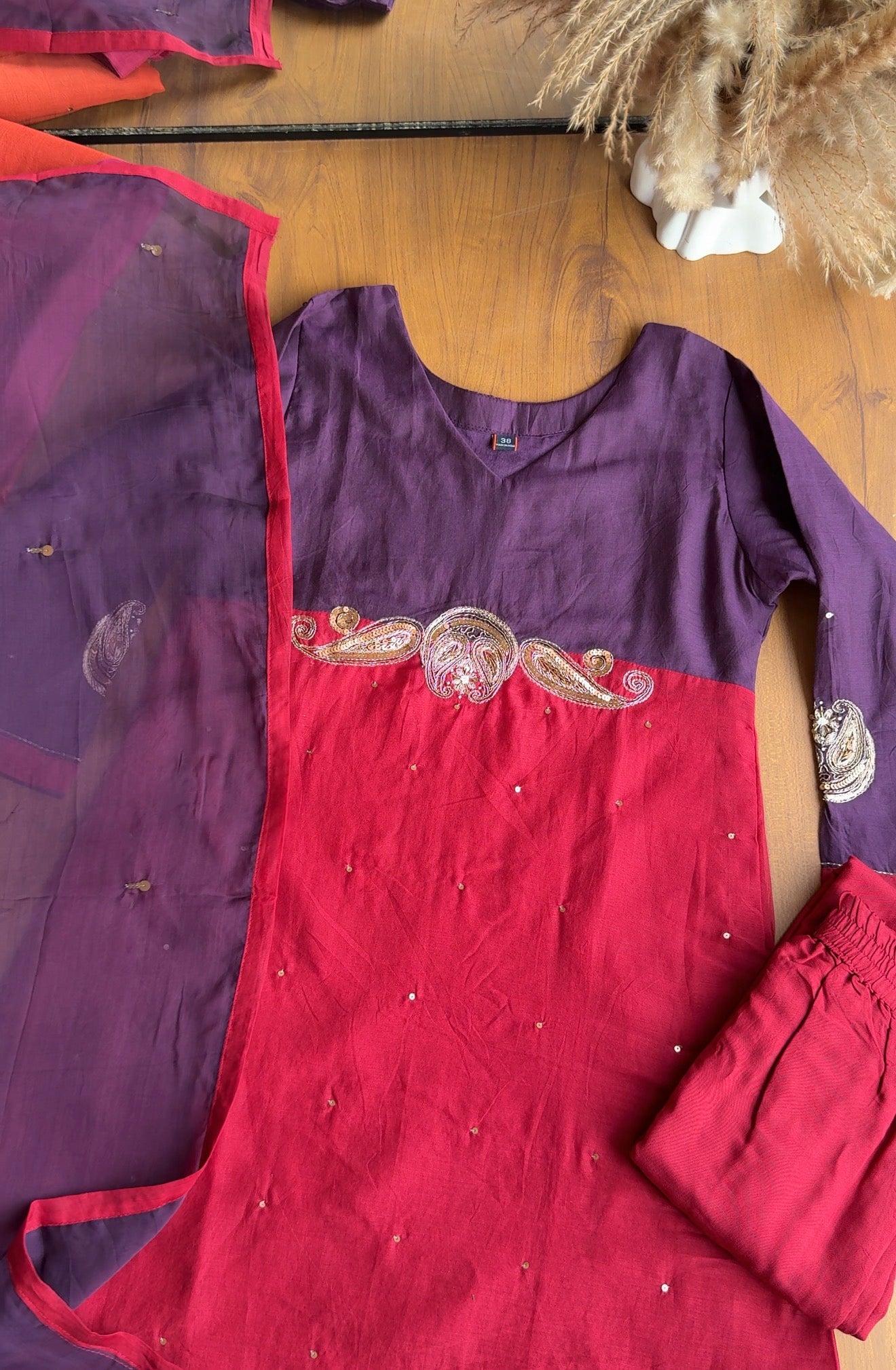 Nishi Colour Block Side Cut Dress-Purple With Red