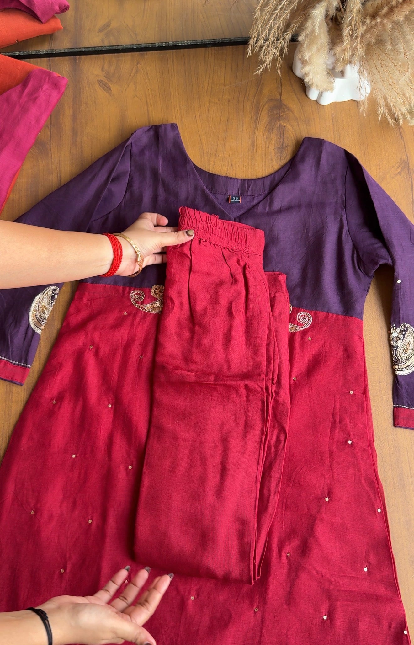 Nishi Colour Block Side Cut Dress-Purple With Red