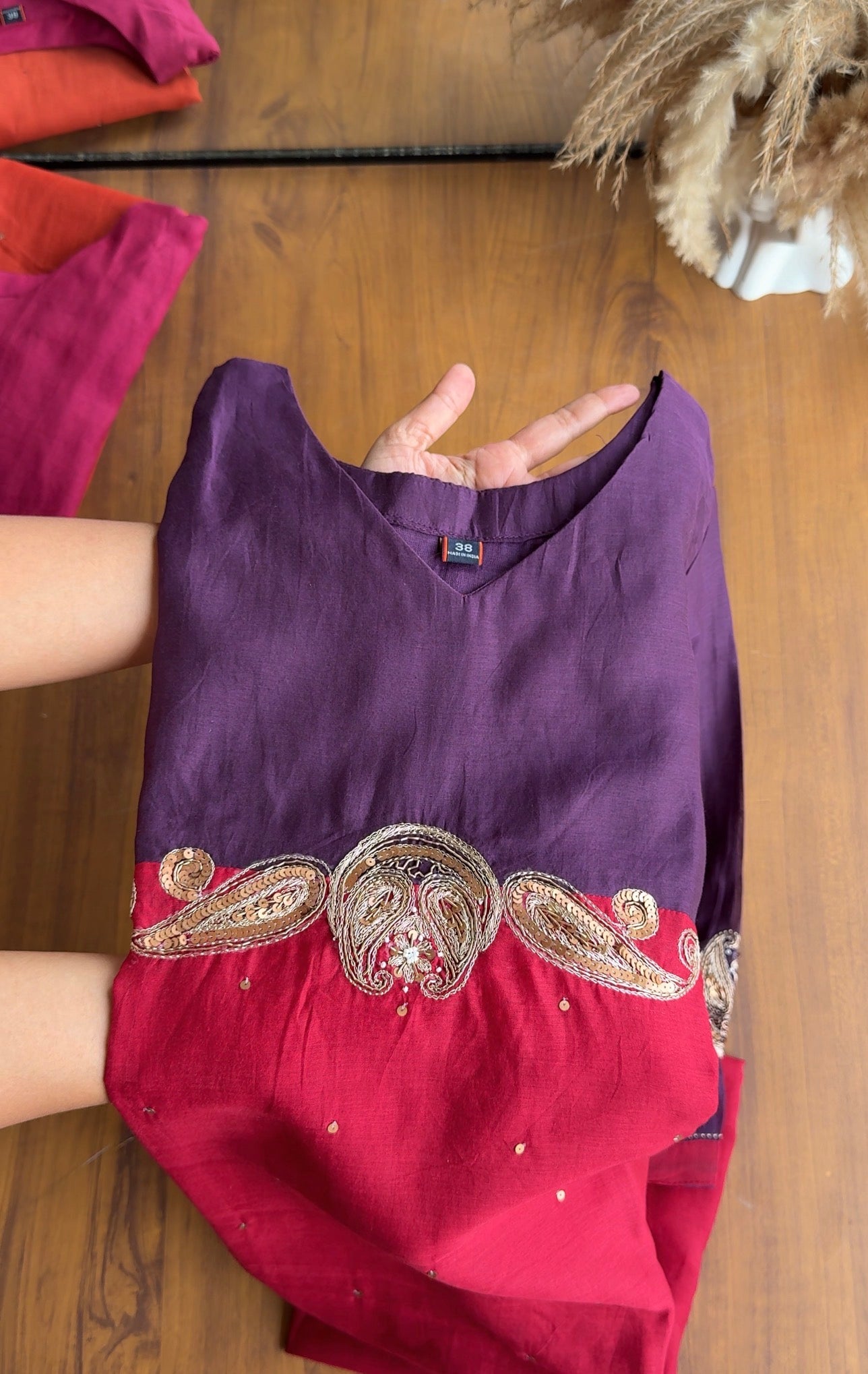 Nishi Colour Block Side Cut Dress-Purple With Red
