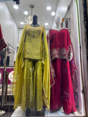Tissue Short Kurta With Plazzo Dress- Yellow