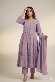 Genelia Katha Work  Mul Cotton Dress - Lilac