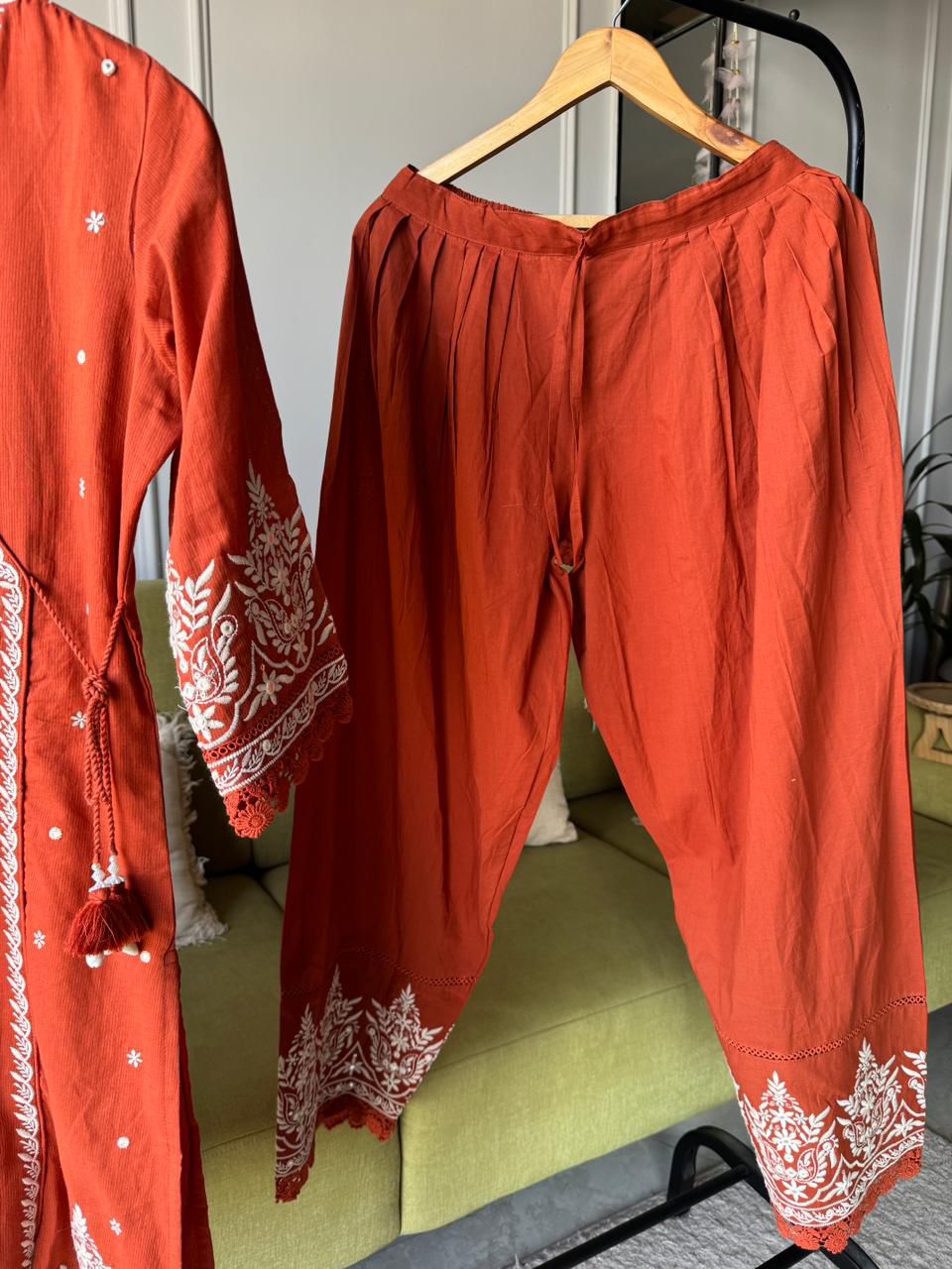 Sayli Lakhnawi Cotton Dress- Rust