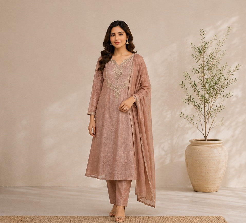 Rajvi Handwork Tissue Dress - Brown