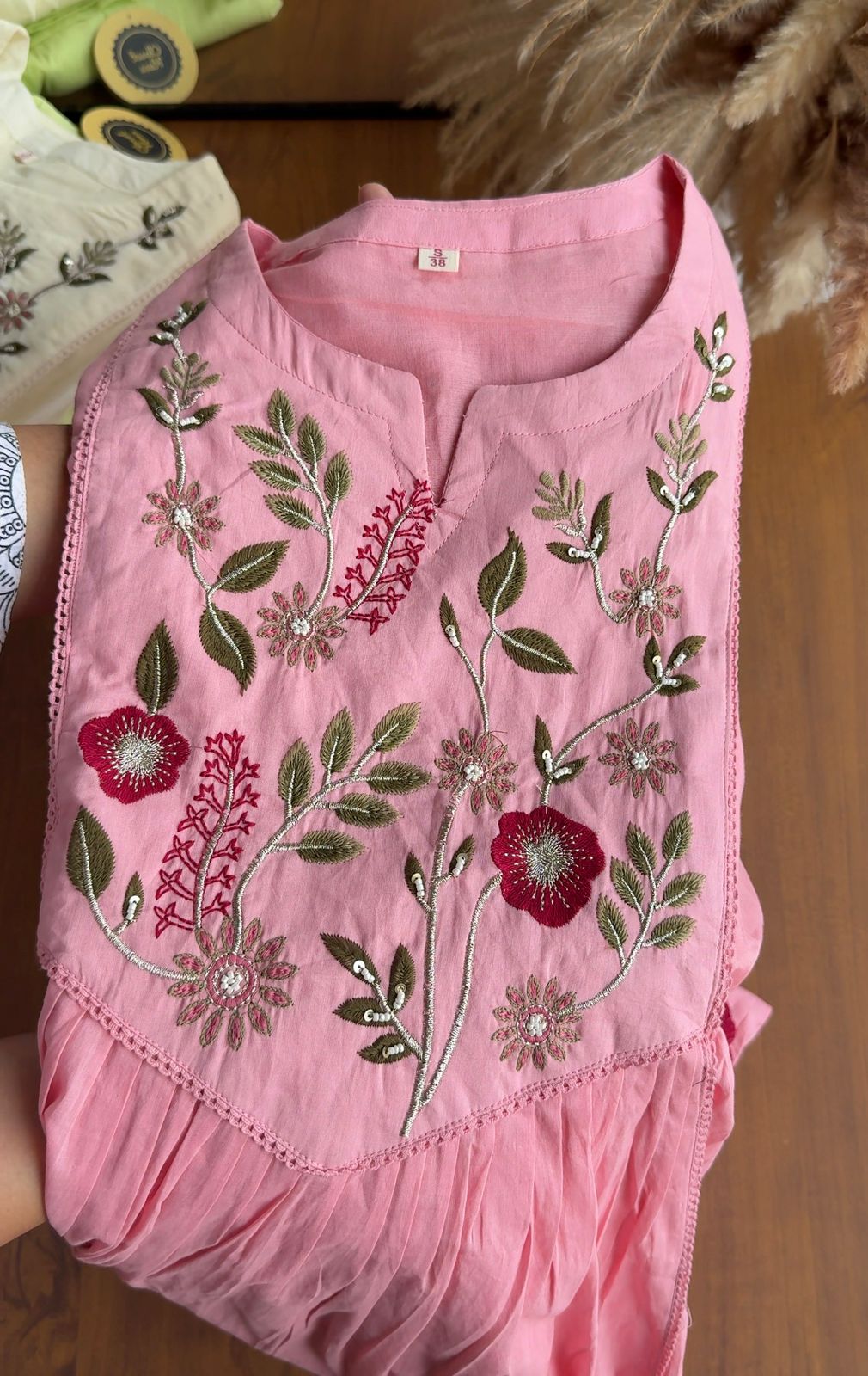 Shrishti Floral Embroided Cotton Dress-Baby Pink