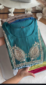 Chanchal tissue and mul chanderi dress- Green